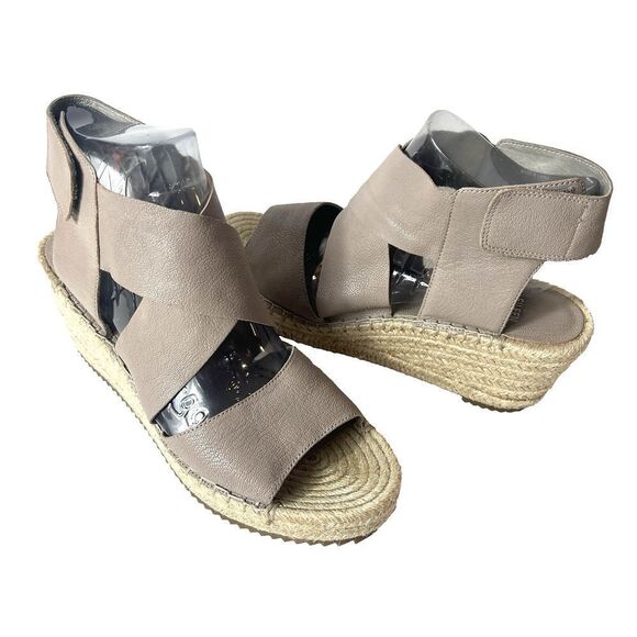 Eileen Fisher Sandal Brown Leather Sling Back Open Toe Wedge Espadrile Womens 10 - Picture 1 of 11
